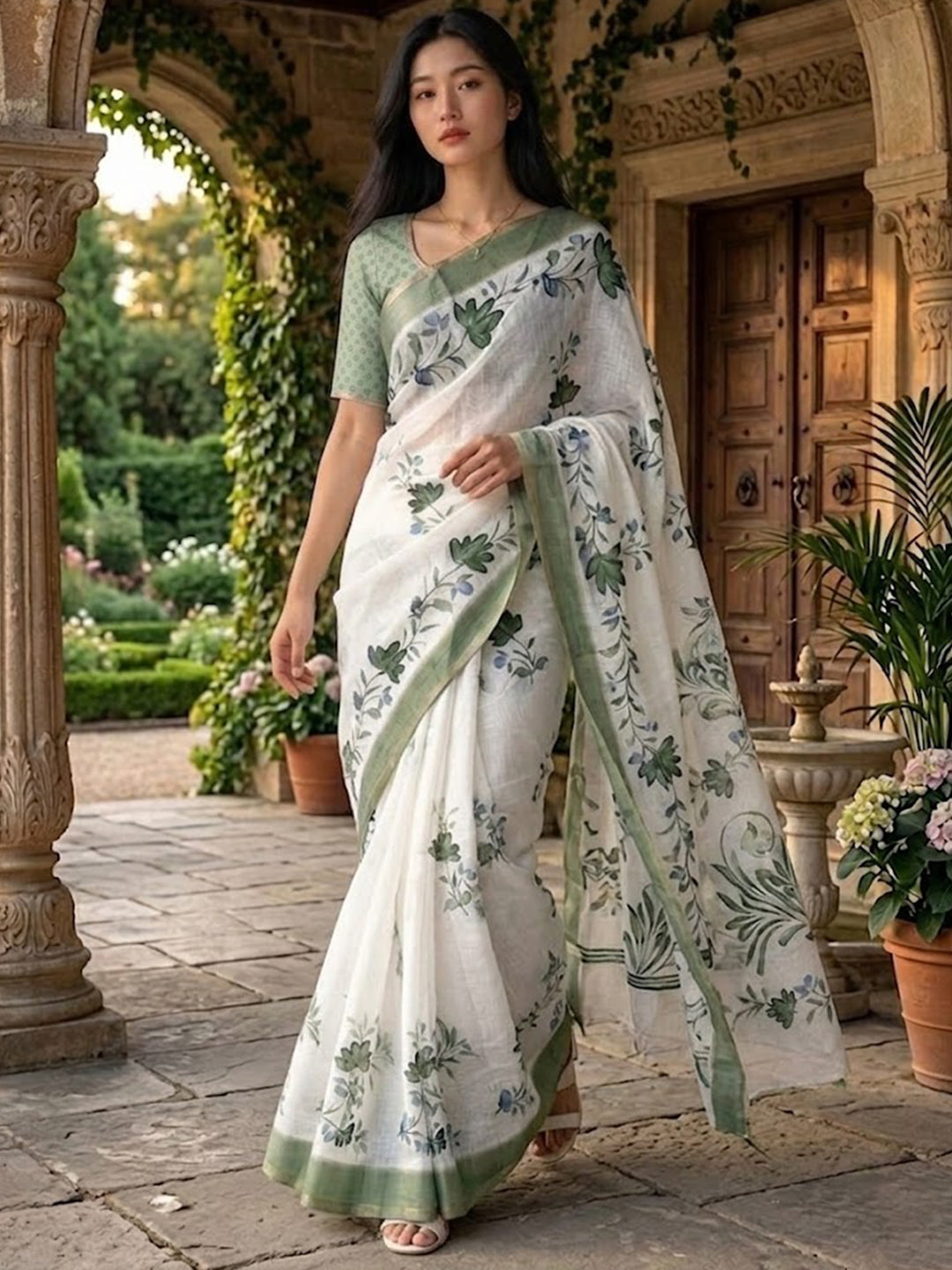 Urban Pallu Printed Cotton Blend Work Saree