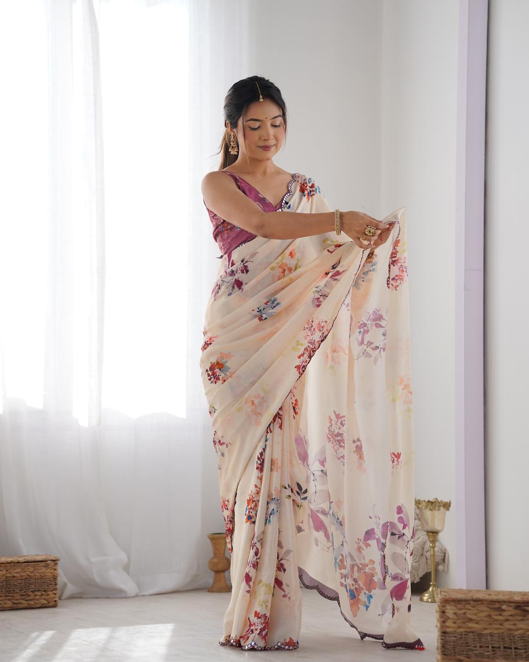 Urban Pallu Floral Mirror Work Silk Blend Saree