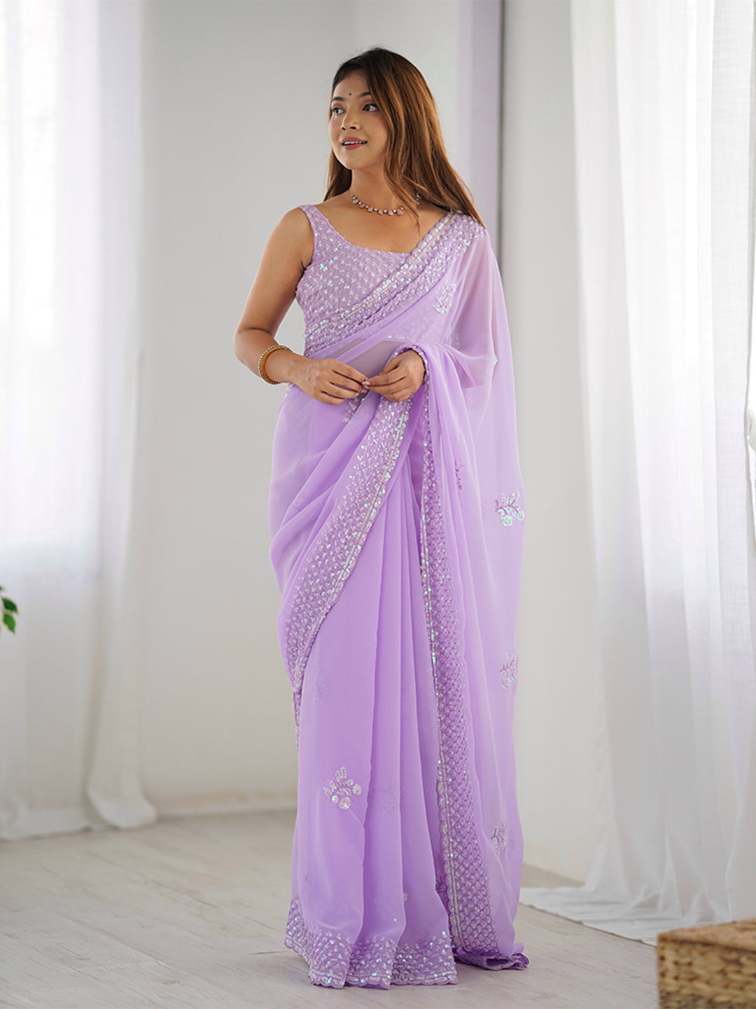 Urban Pallu Embellished Sequinned Poly Georgette Heavy Work Saree