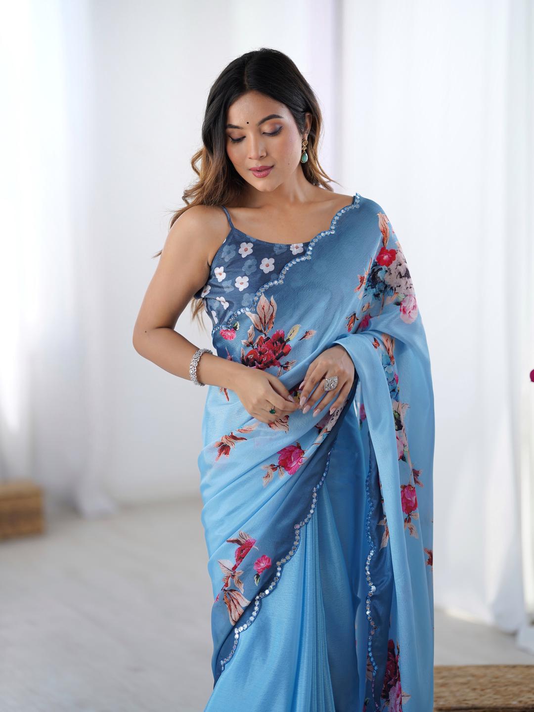 Urban Pallu Floral Sequinned Silk Blend Saree