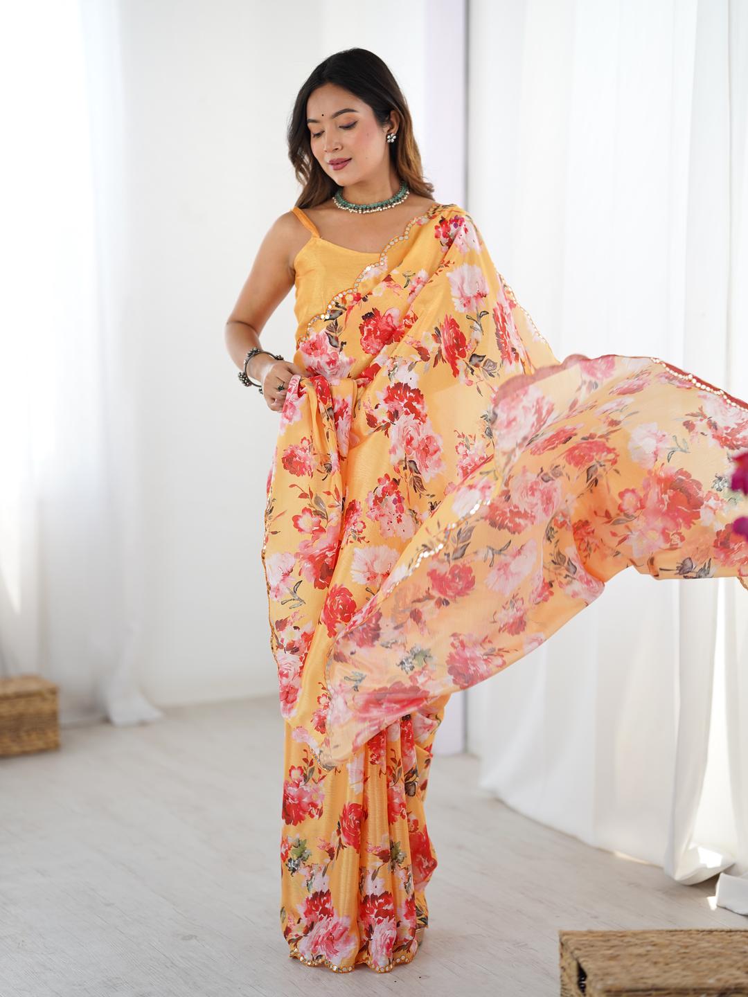 Urban Pallu Floral Sequinned Silk Blend Fusion Saree