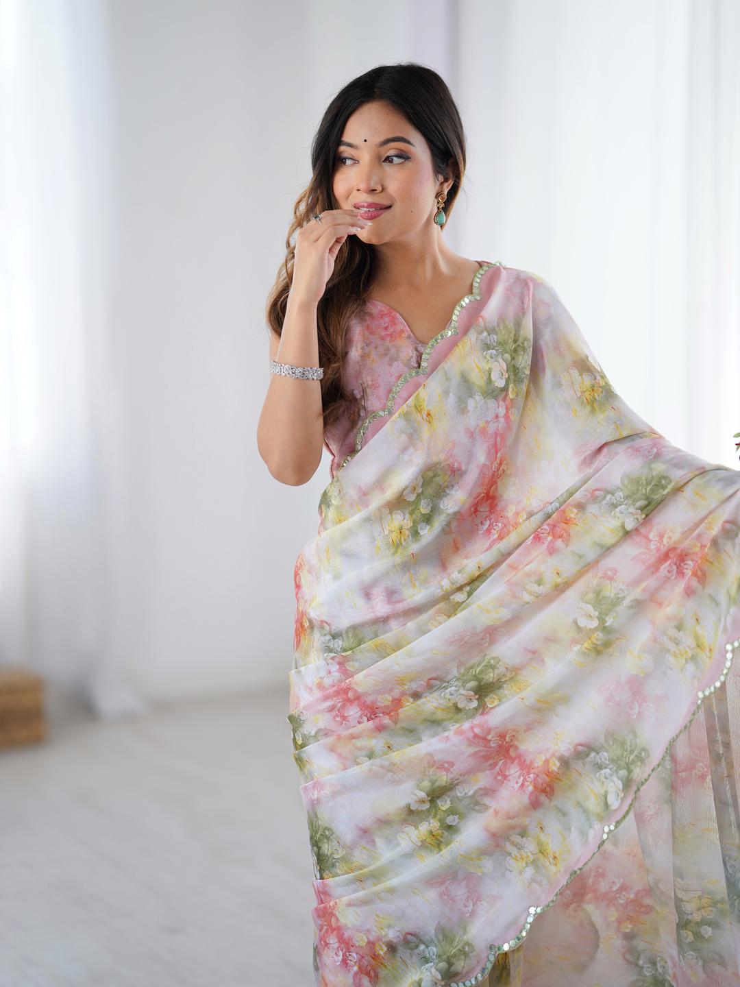Urban Pallu Floral Sequinned Silk Blend Saree