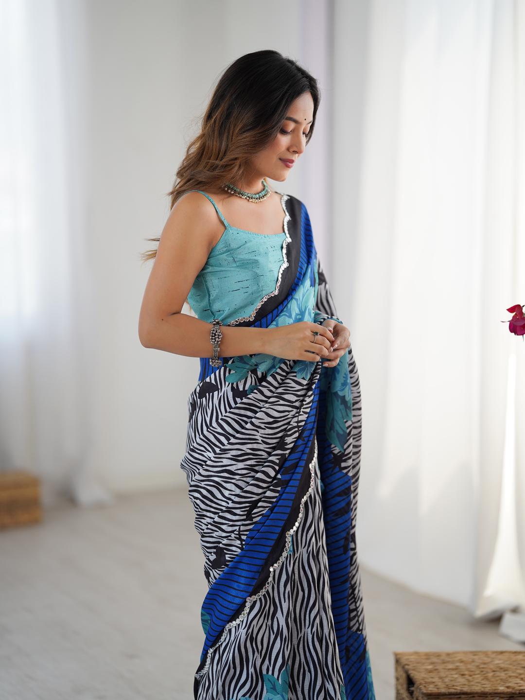 Urban Pallu Striped Mirror Work Silk Blend Fusion Saree