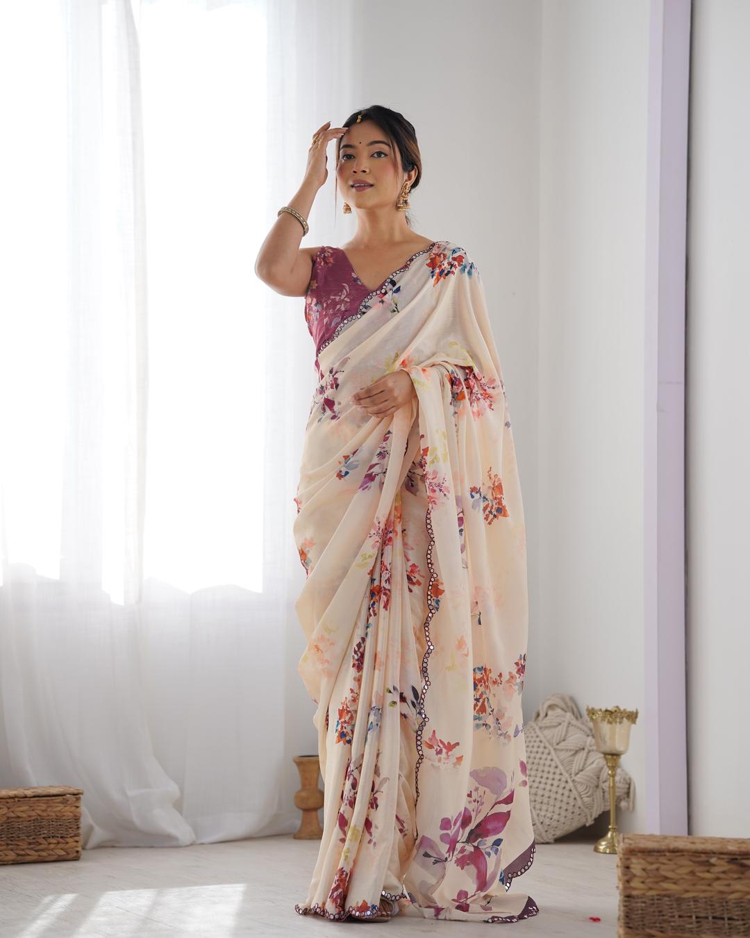 Urban Pallu Floral Mirror Work Silk Blend Saree