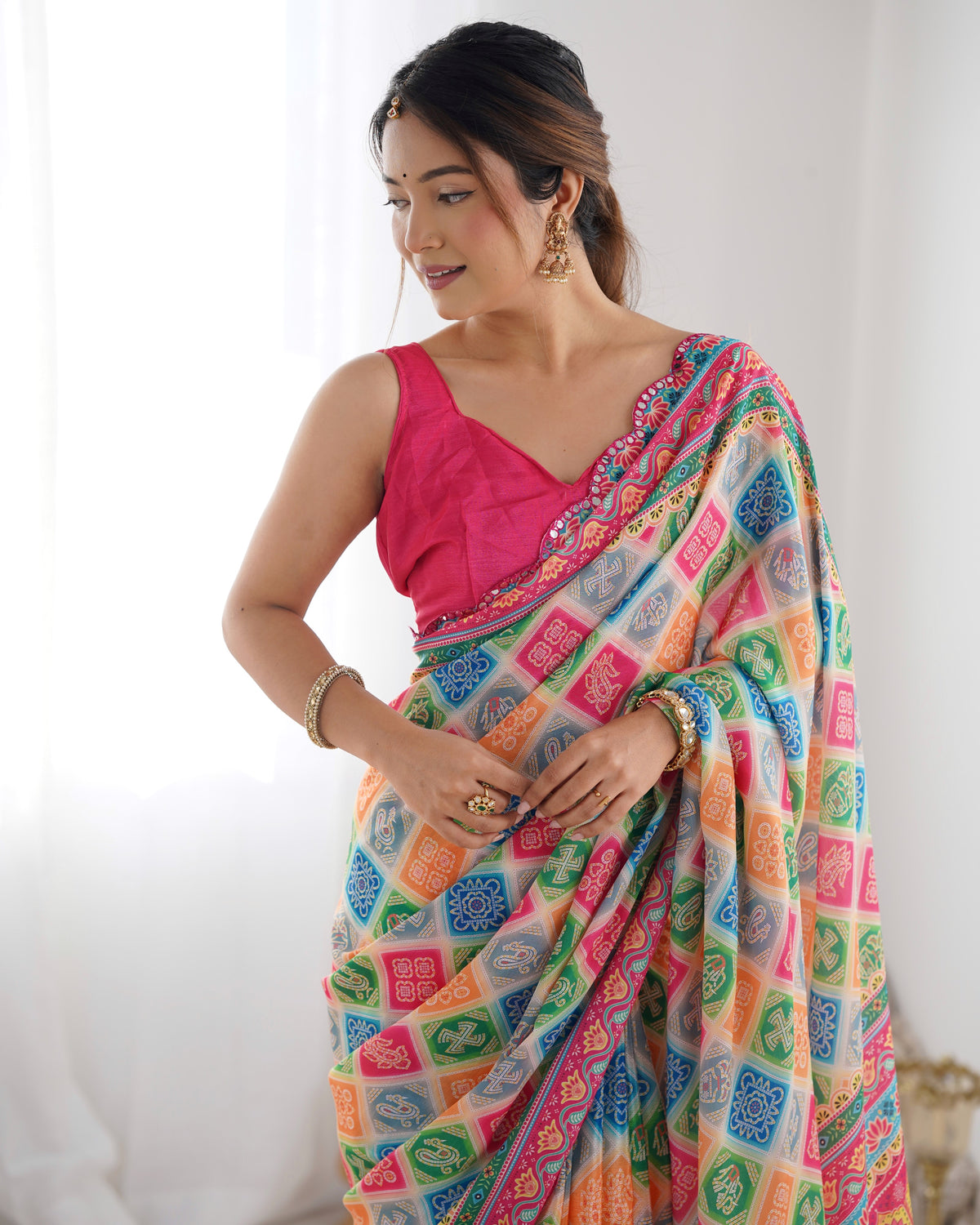 Urban Pallu Ethnic Motifs Mirror Work Silk Blend Saree