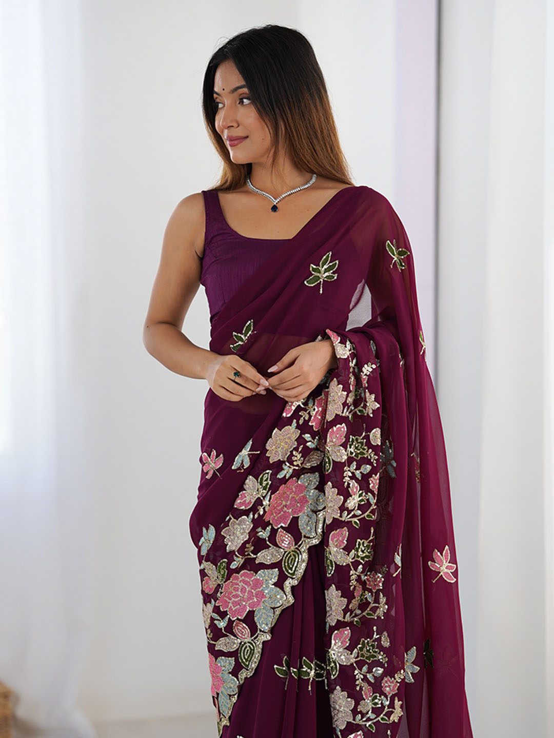 Urban Pallu Floral Sequinned Poly Georgette Heavy Work Saree