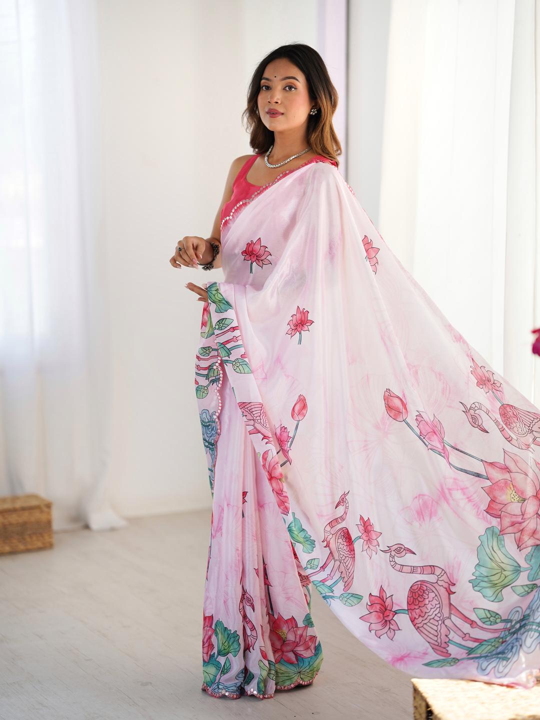 Urban Pallu Floral Sequinned Silk Blend Fusion Saree