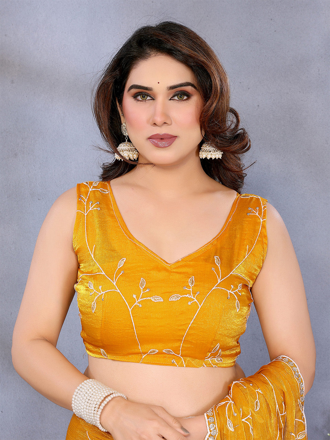 Urban Pallu Floral Embroidered Pure Chiffon Heavy Work Saree