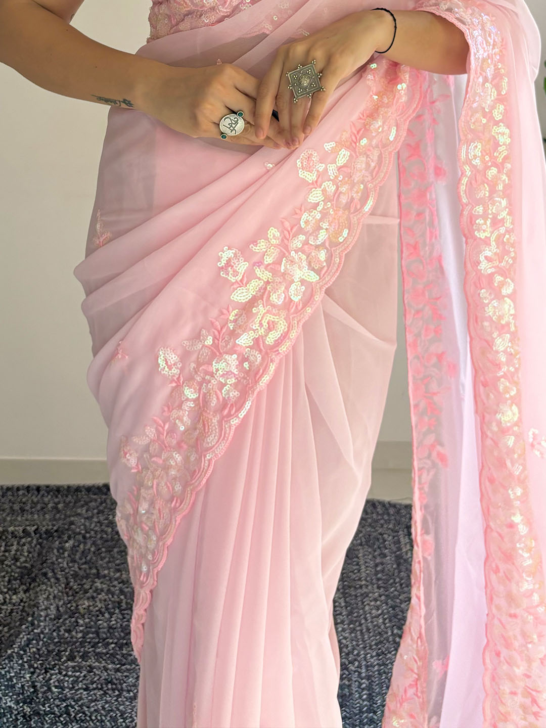 Urban Pallu Solid Poly Georgette Festive Saree