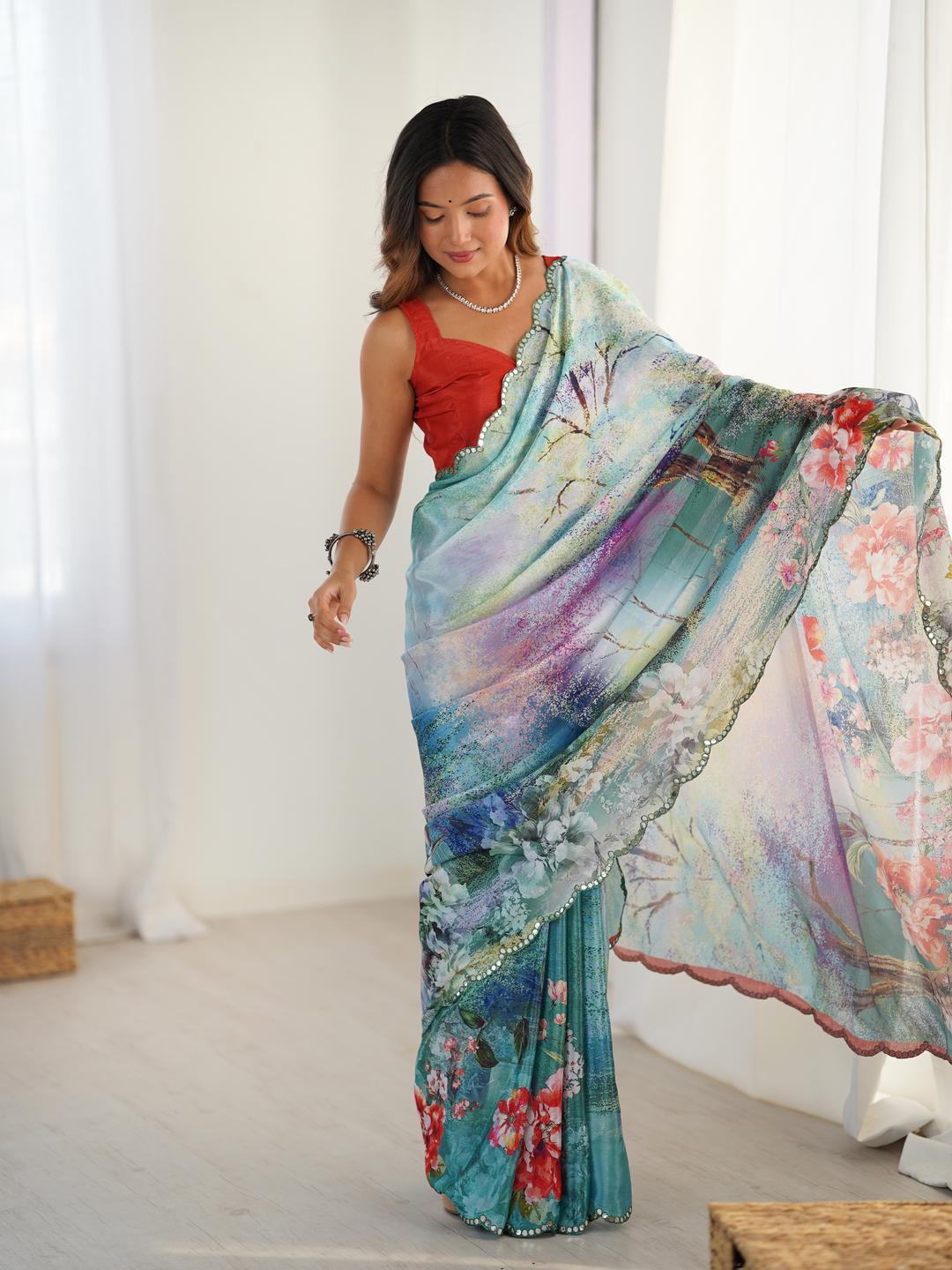 Urban Pallu Floral Sequinned Silk Blend Saree