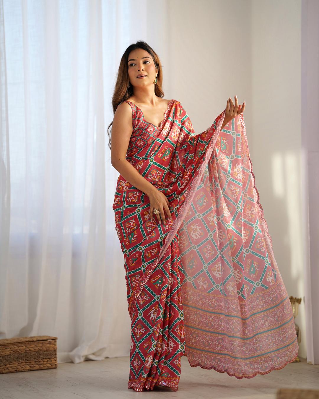 Urban Pallu Ethnic Motifs Mirror Work Silk Blend Saree