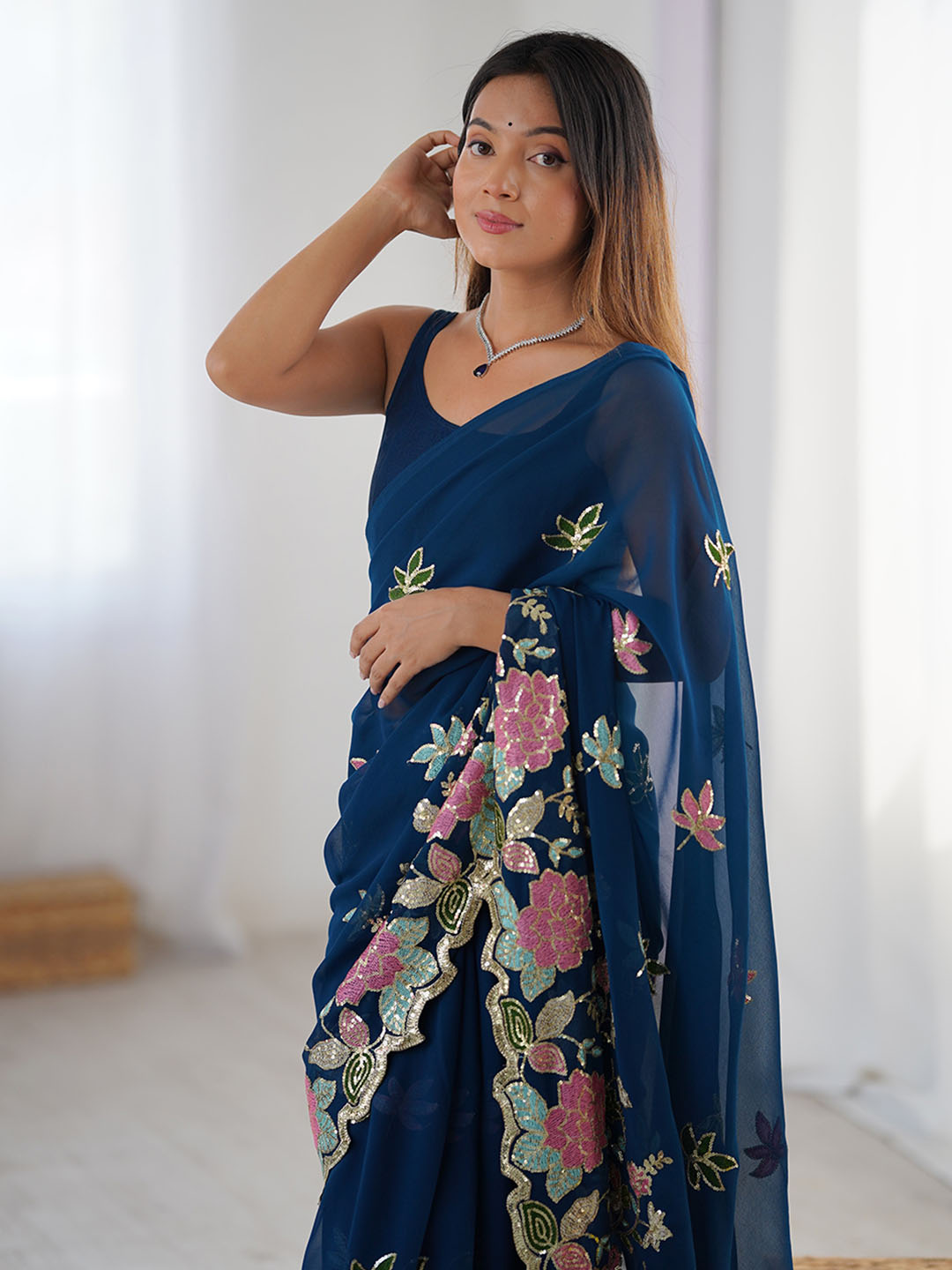 Urban Pallu Floral Sequinned Poly Georgette Heavy Work Saree