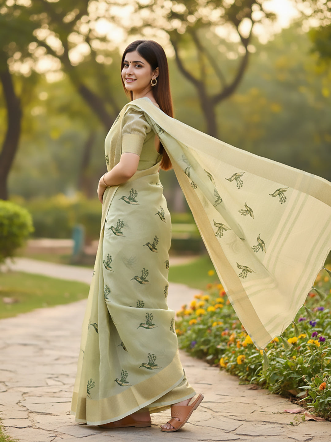 Urban Pallu Floral Sequinned Silk Blend Fusion Saree