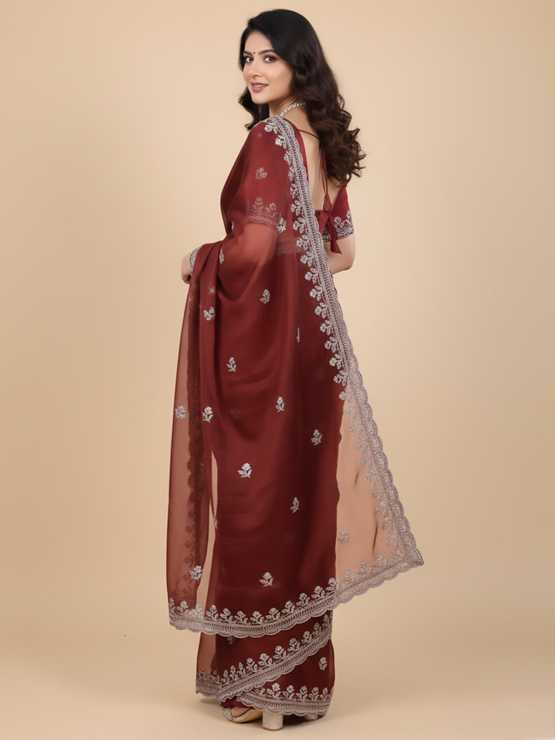 Urban Pallu Floral Sequinned Silk Blend Fusion Saree