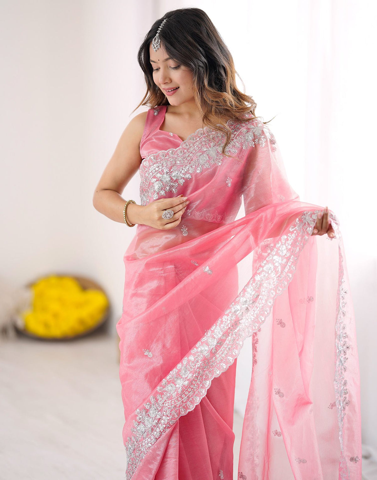 Urban Pallu Solid Organza Festive Saree