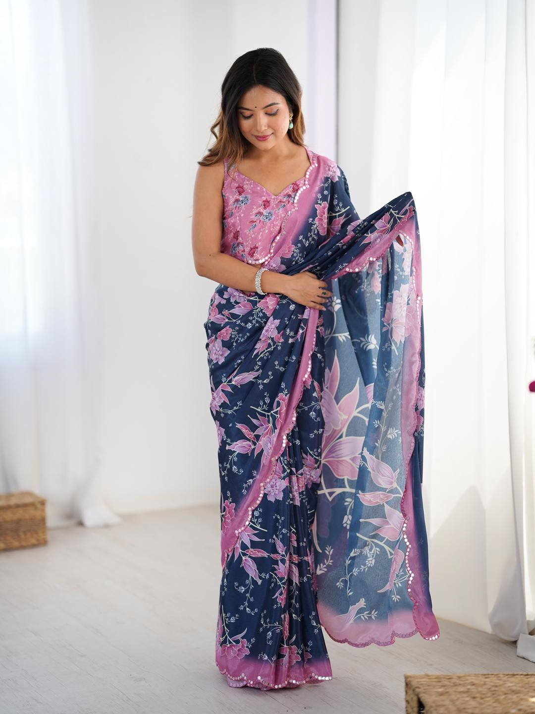 Urban Pallu Floral Sequinned Silk Blend Fusion Saree