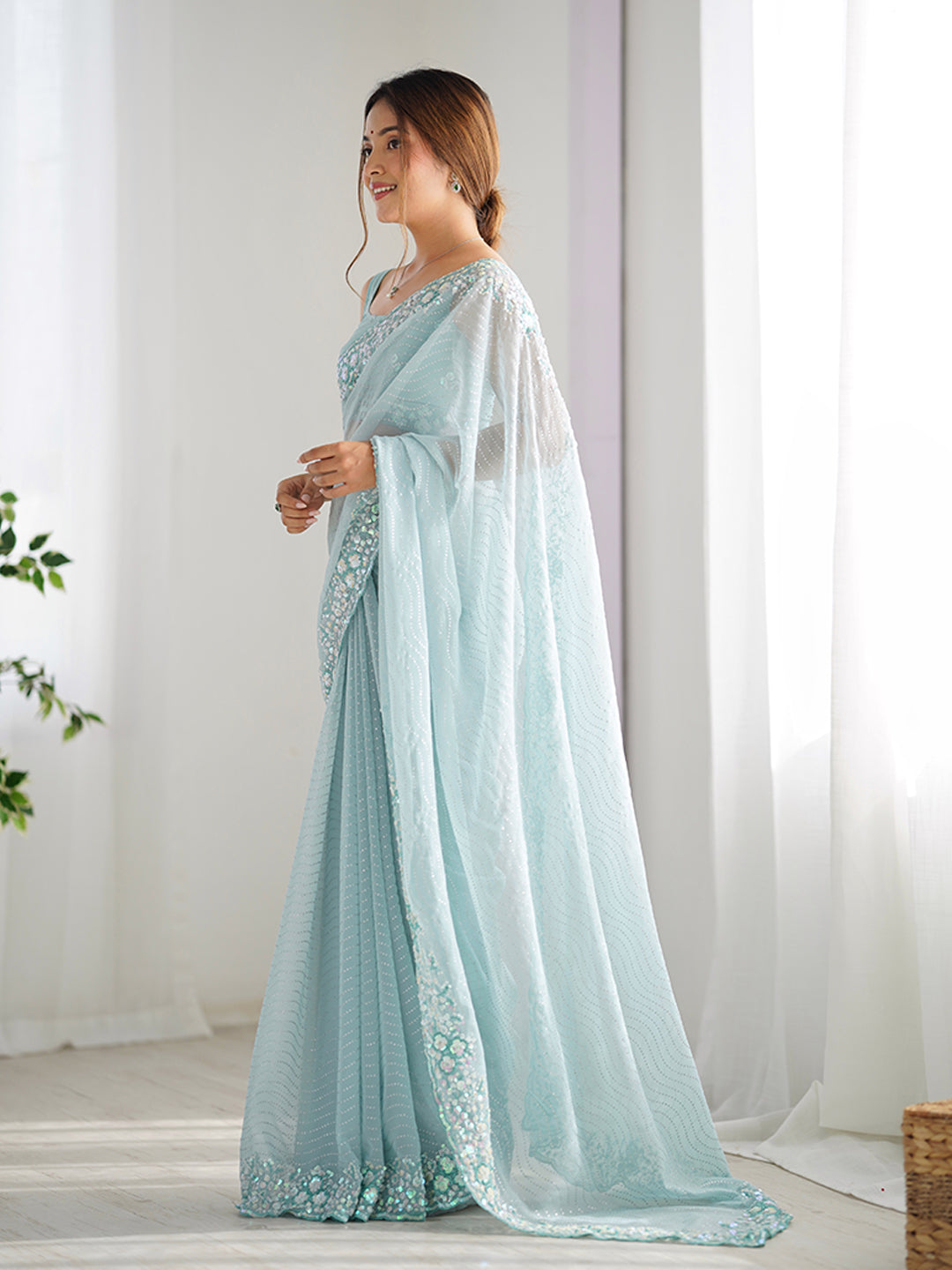 Urban Pallu Embroidered Poly Georgette Festive Saree