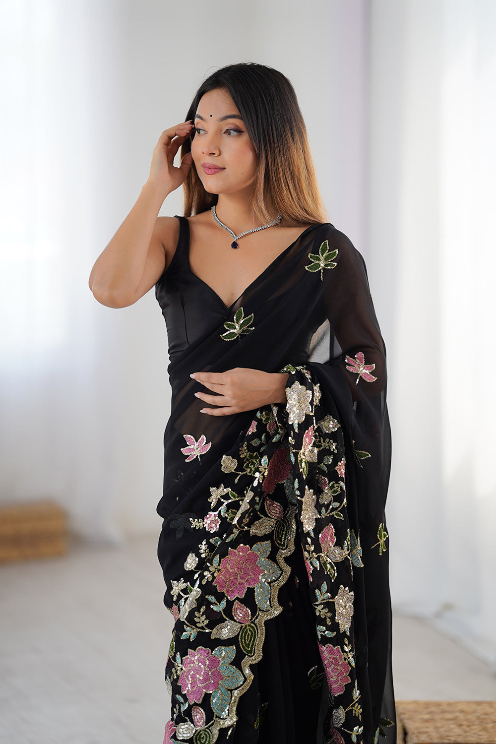 Urban Pallu Solid Poly Georgette Festive Saree