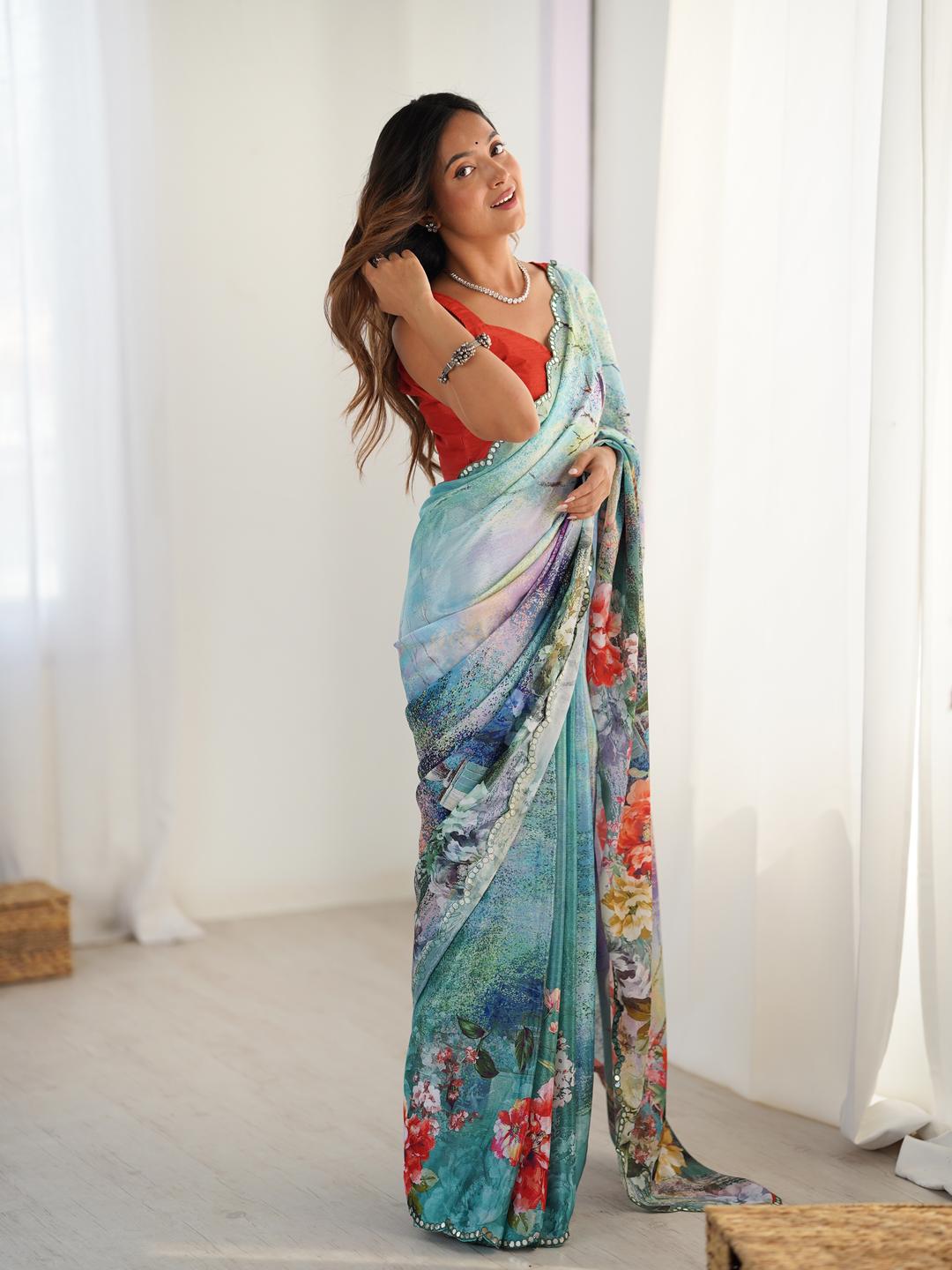 Urban Pallu Floral Sequinned Silk Blend Saree