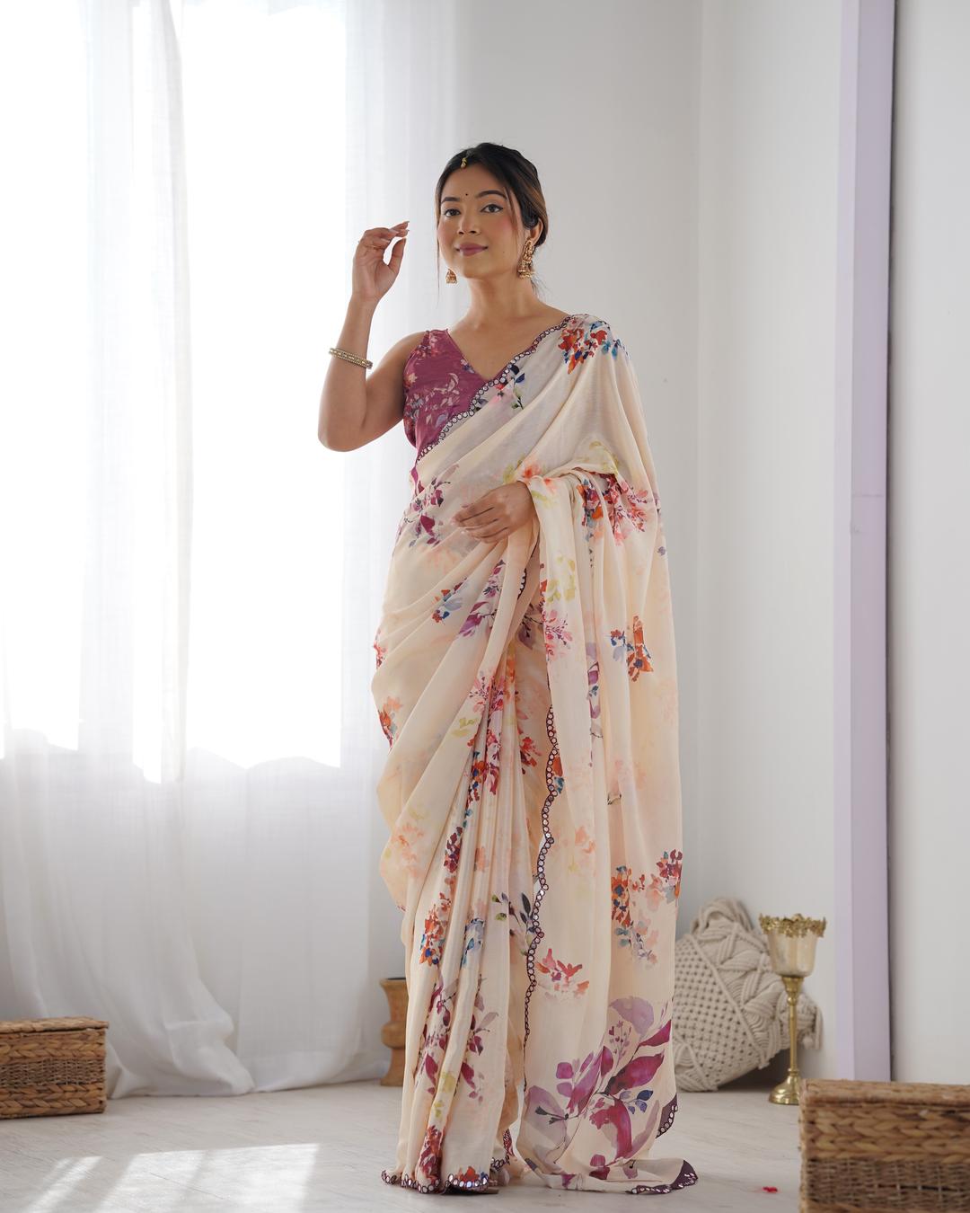 Urban Pallu Floral Mirror Work Silk Blend Saree