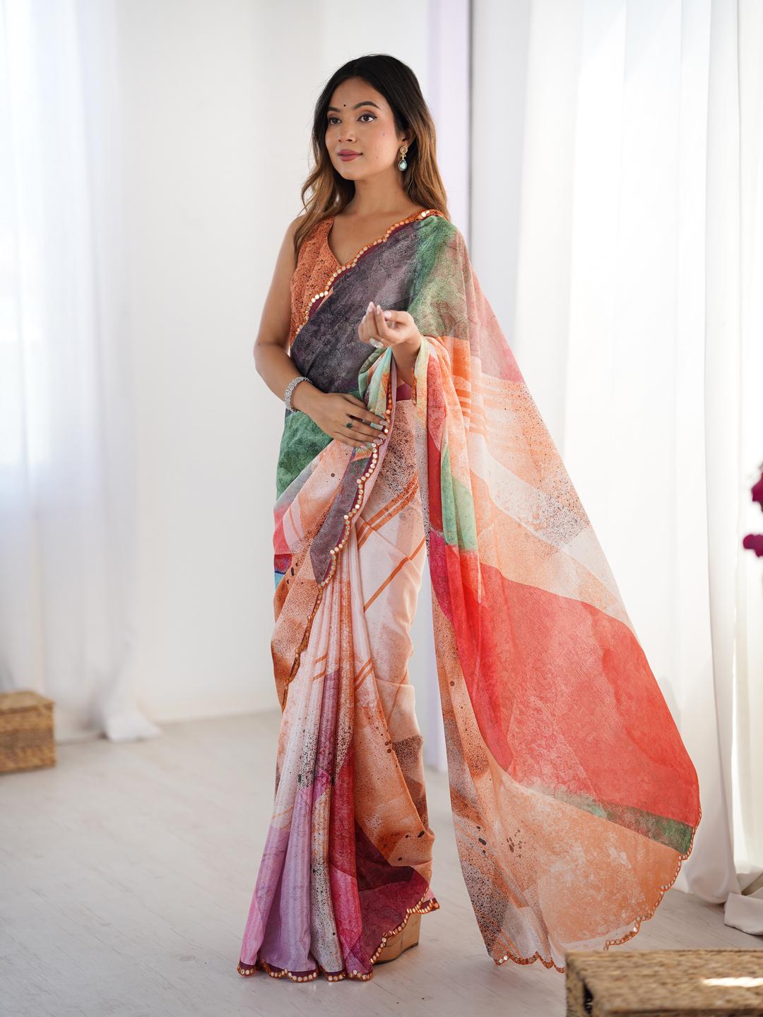 Urban Pallu Mirror Work Silk Blend Fusion Saree