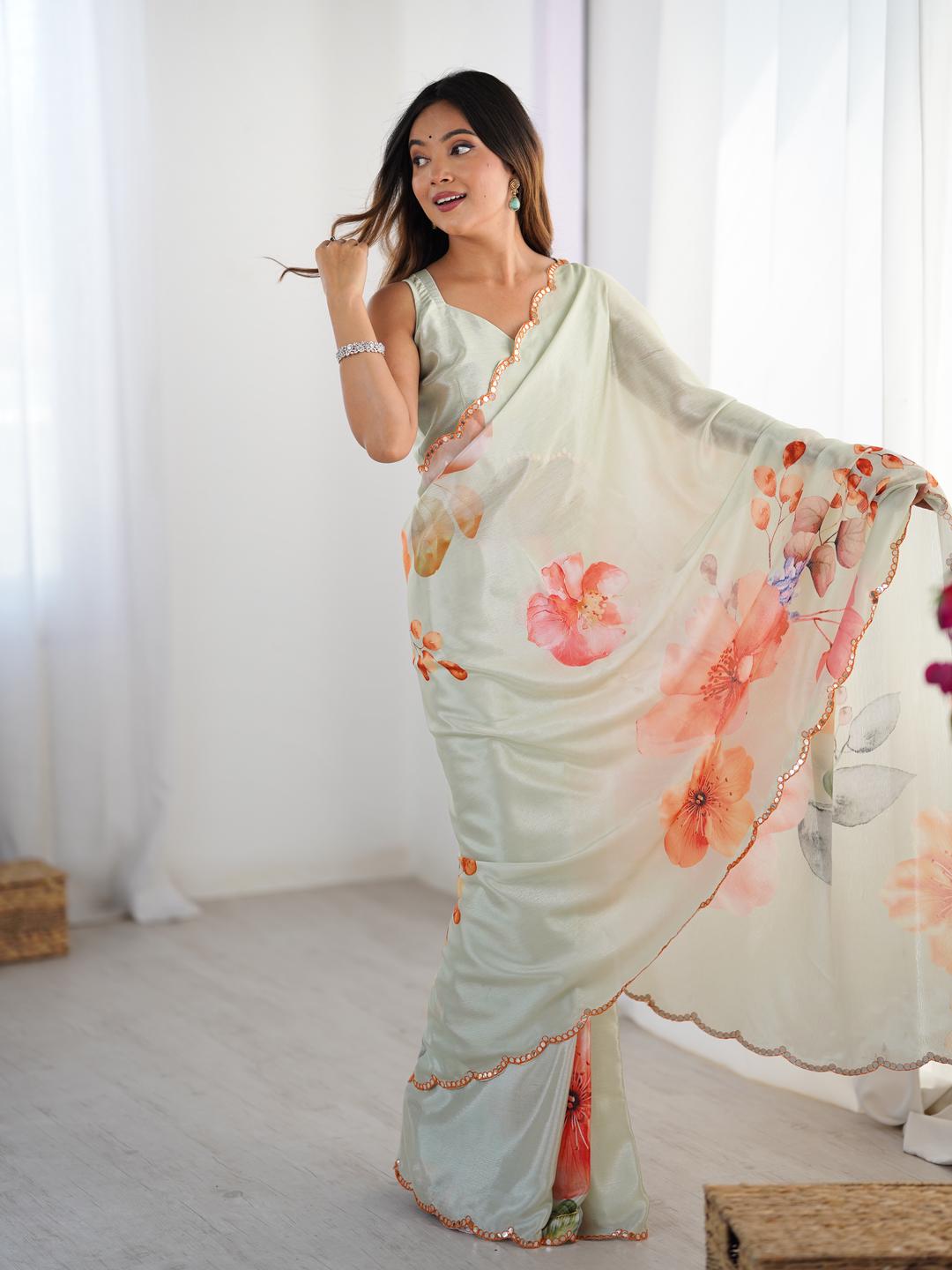 Urban Pallu Floral Sequinned Silk Blend Saree