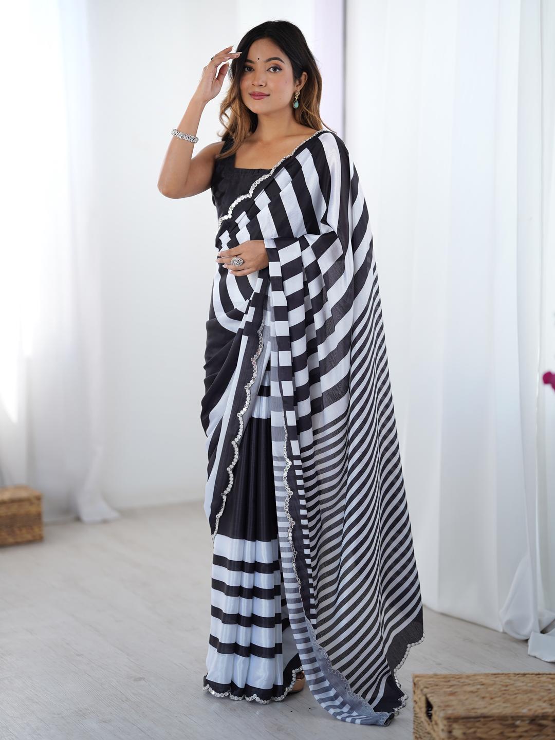Urban Pallu Striped Sequinned Silk Blend Fusion Saree