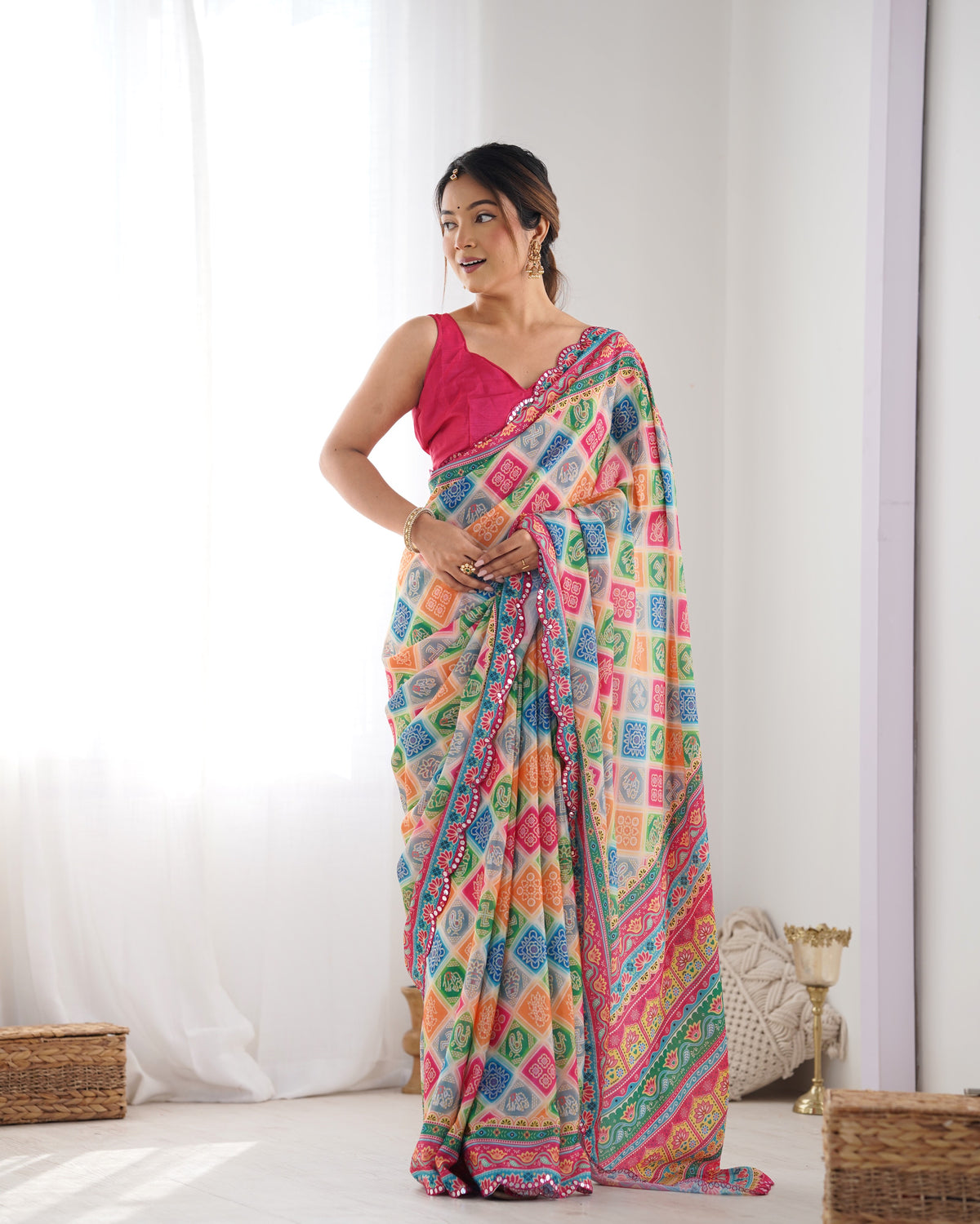 Urban Pallu Ethnic Motifs Mirror Work Silk Blend Saree