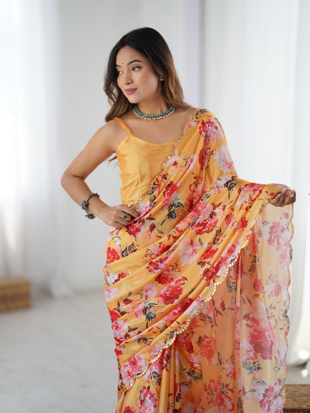Urban Pallu Floral Sequinned Silk Blend Fusion Saree