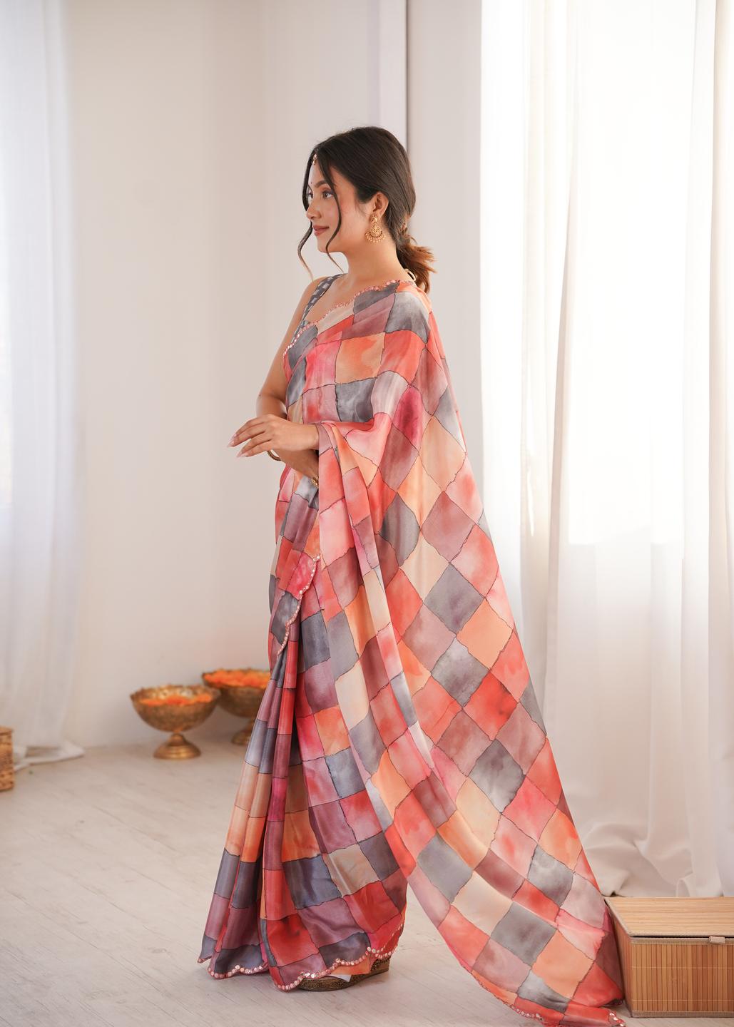 Urban Pallu Mirror Work Silk Blend Fusion Saree