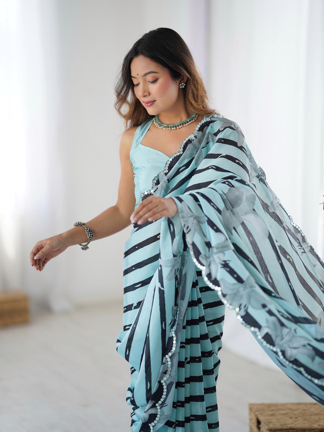 Urban Pallu Striped Mirror Work Silk Blend Fusion Saree
