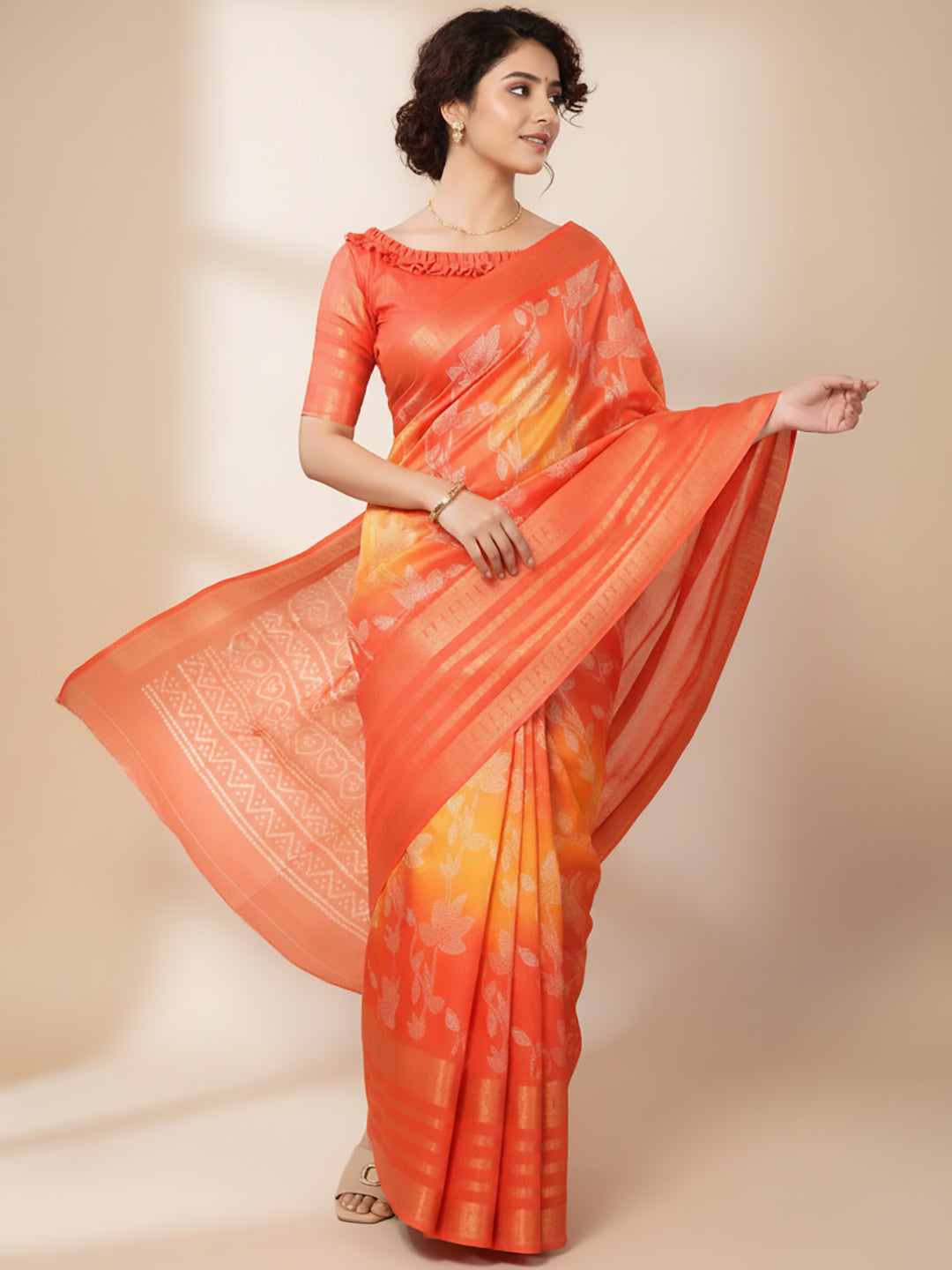 Urban Pallu Floral Sequinned Silk Blend Fusion Saree