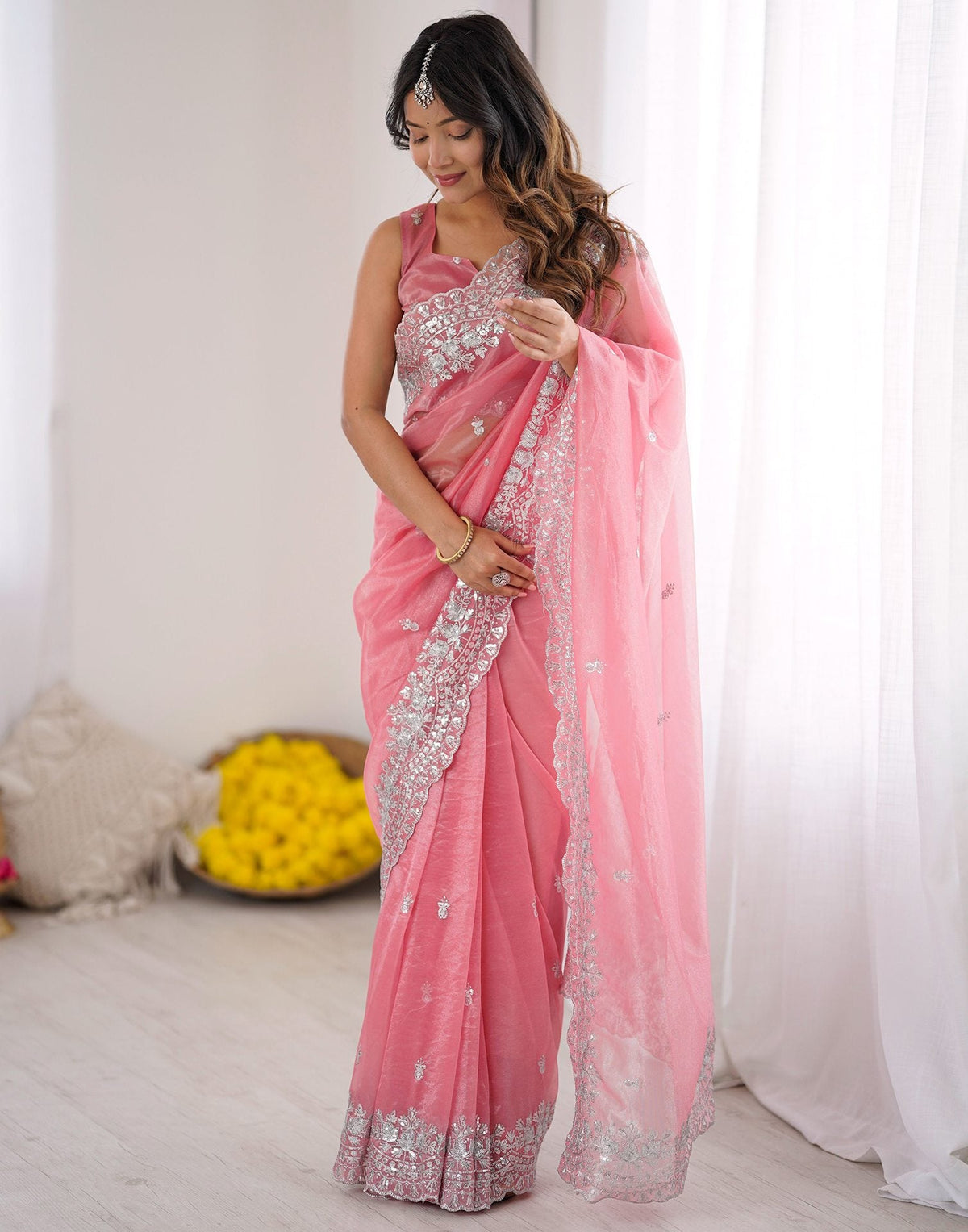 Urban Pallu Solid Organza Festive Saree