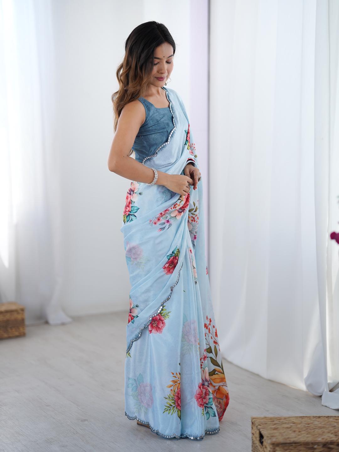 Urban Pallu Floral Sequinned Silk Blend Saree