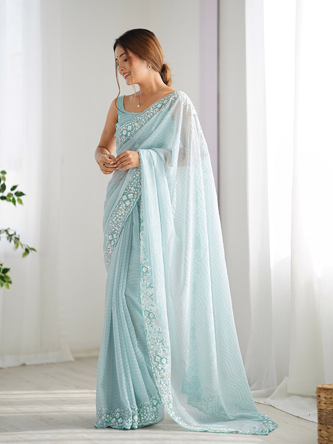 Urban Pallu Embroidered Poly Georgette Festive Saree