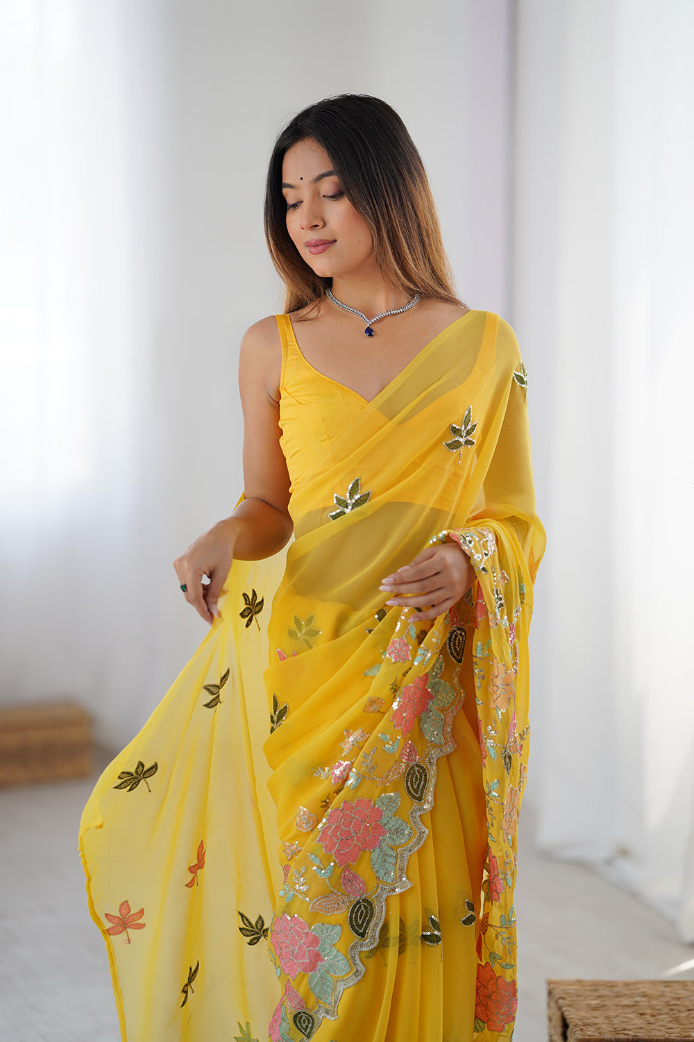 Urban Pallu Solid Poly Georgette Festive Saree