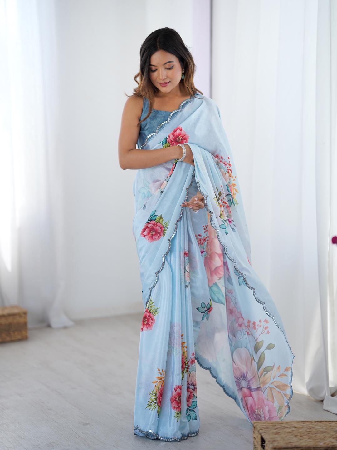 Urban Pallu Floral Sequinned Silk Blend Saree