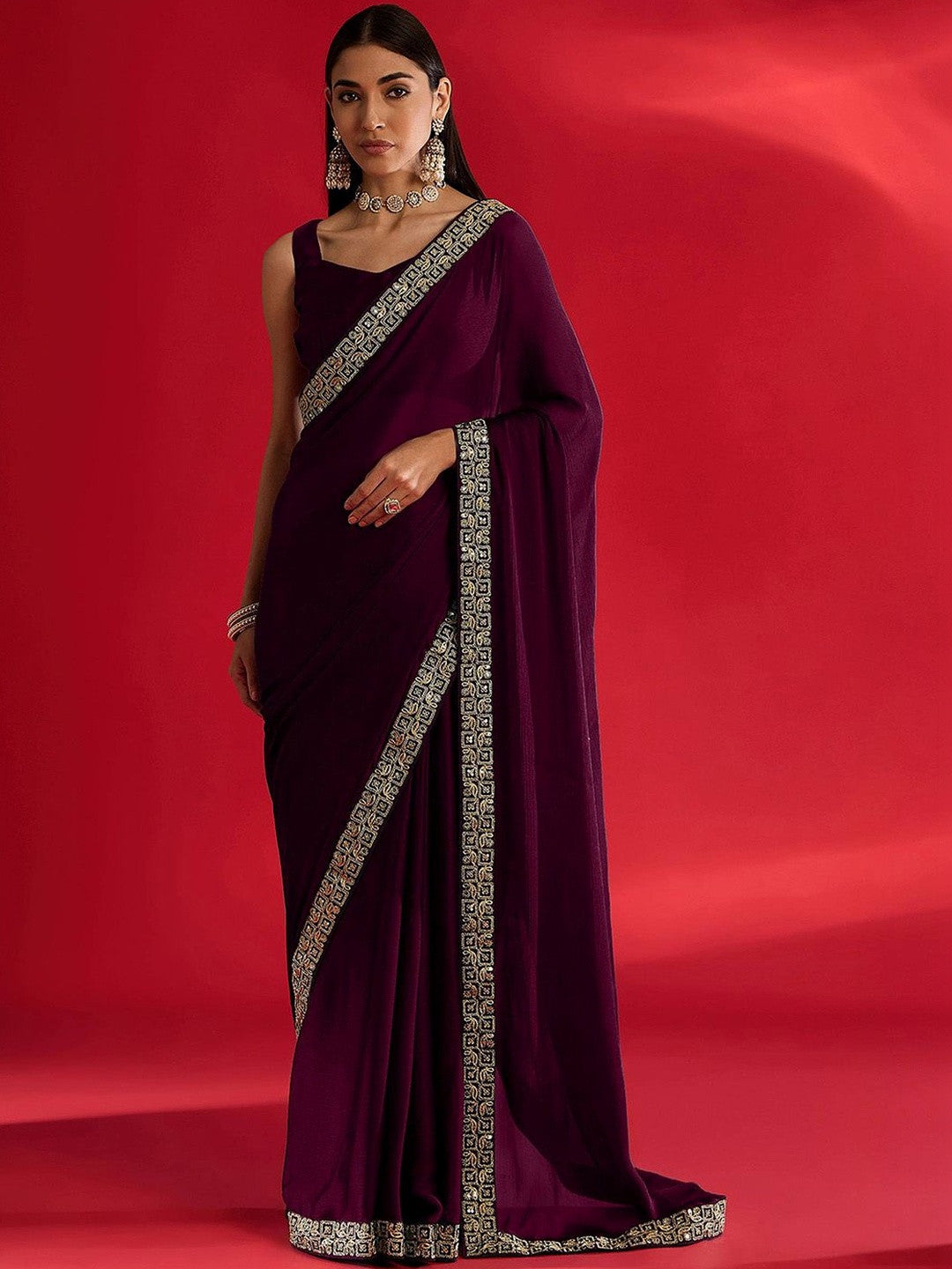 Urban Pallu Women's Solid Wine Satin Silk Embellished Gold Border Sarees