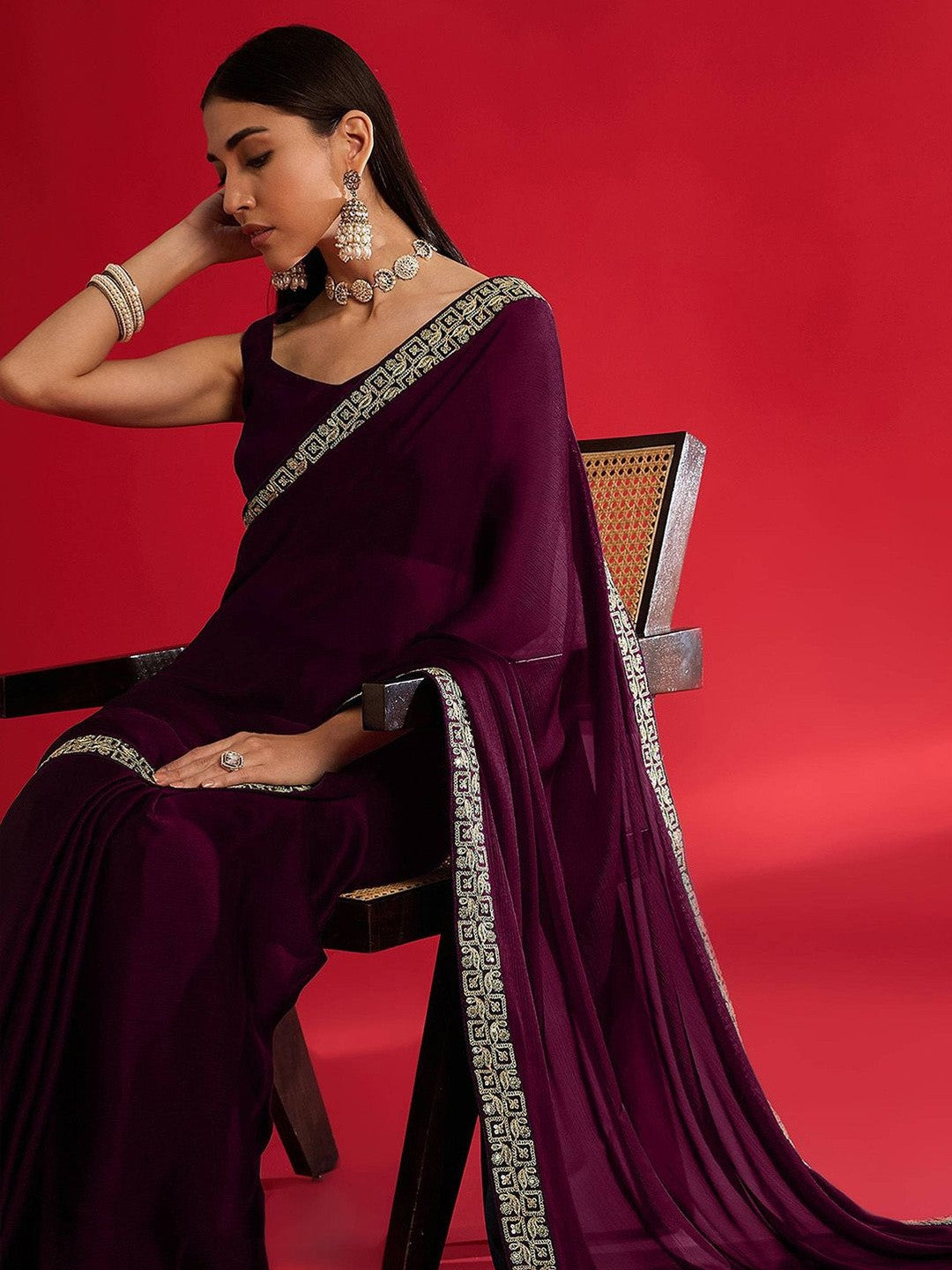Urban Pallu Women's Solid Wine Satin Silk Embellished Gold Border Sarees