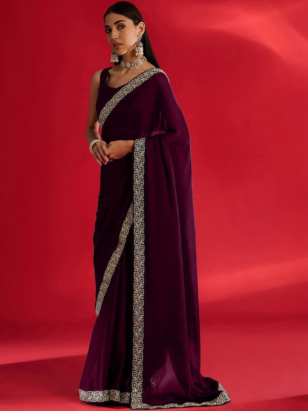 Urban Pallu Women's Solid Wine Satin Silk Embellished Gold Border Sarees
