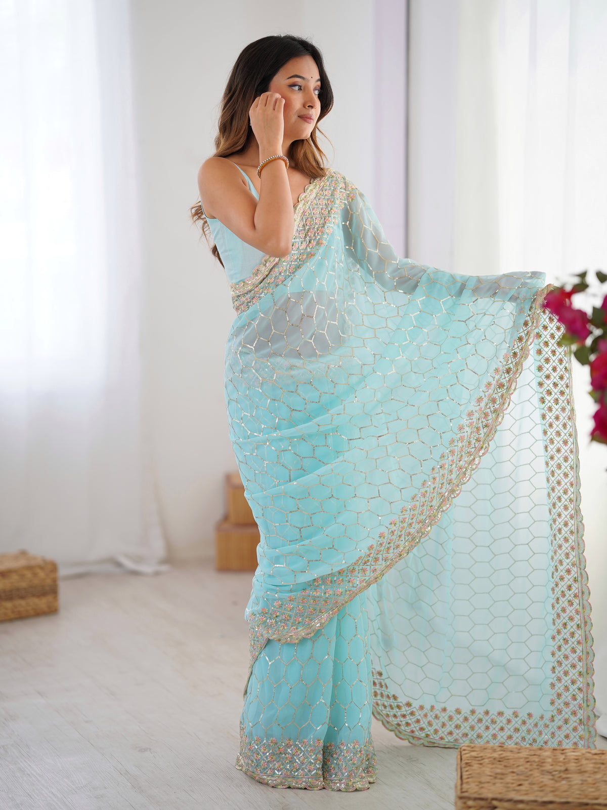 Urban Pallu Embroidered Poly Georgette Festive Saree