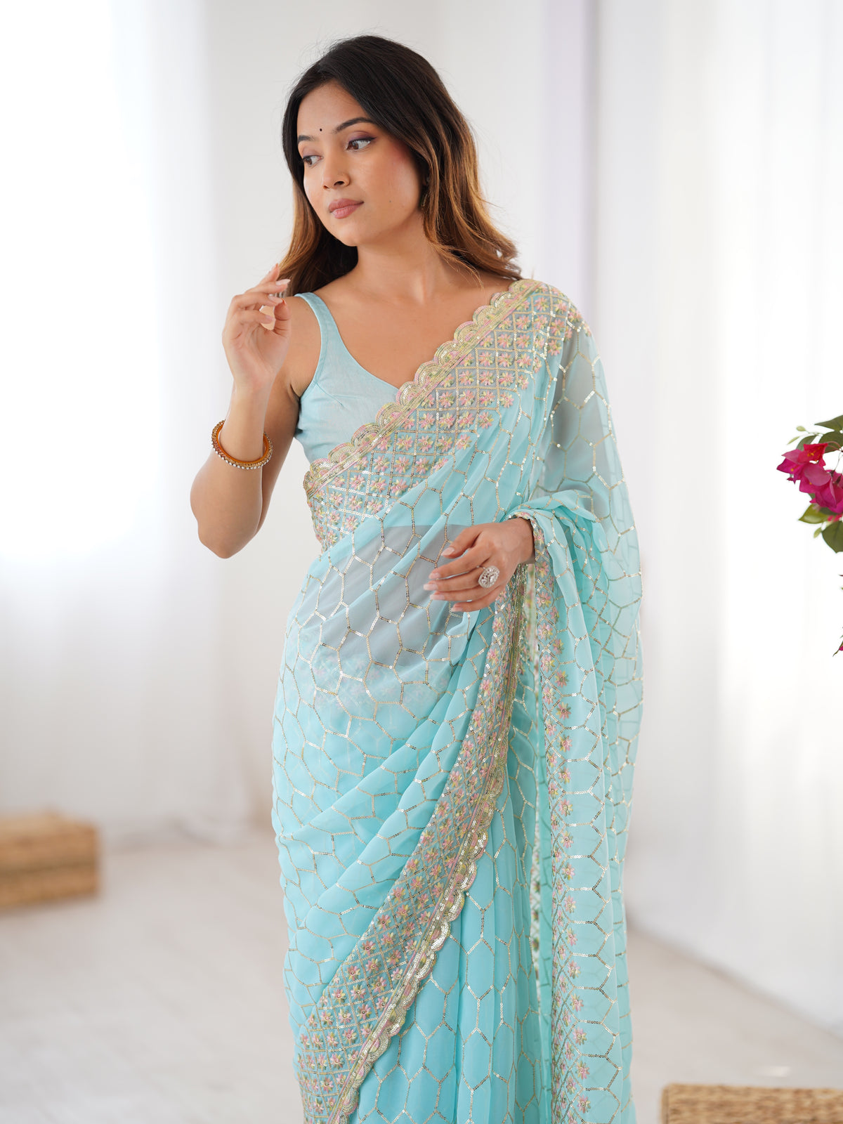 Urban Pallu Embroidered Poly Georgette Festive Saree