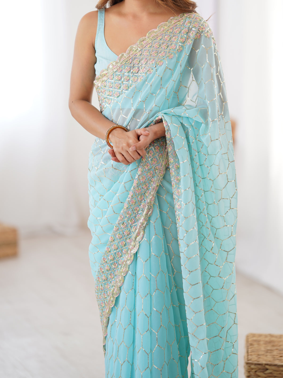 Urban Pallu Embroidered Poly Georgette Festive Saree