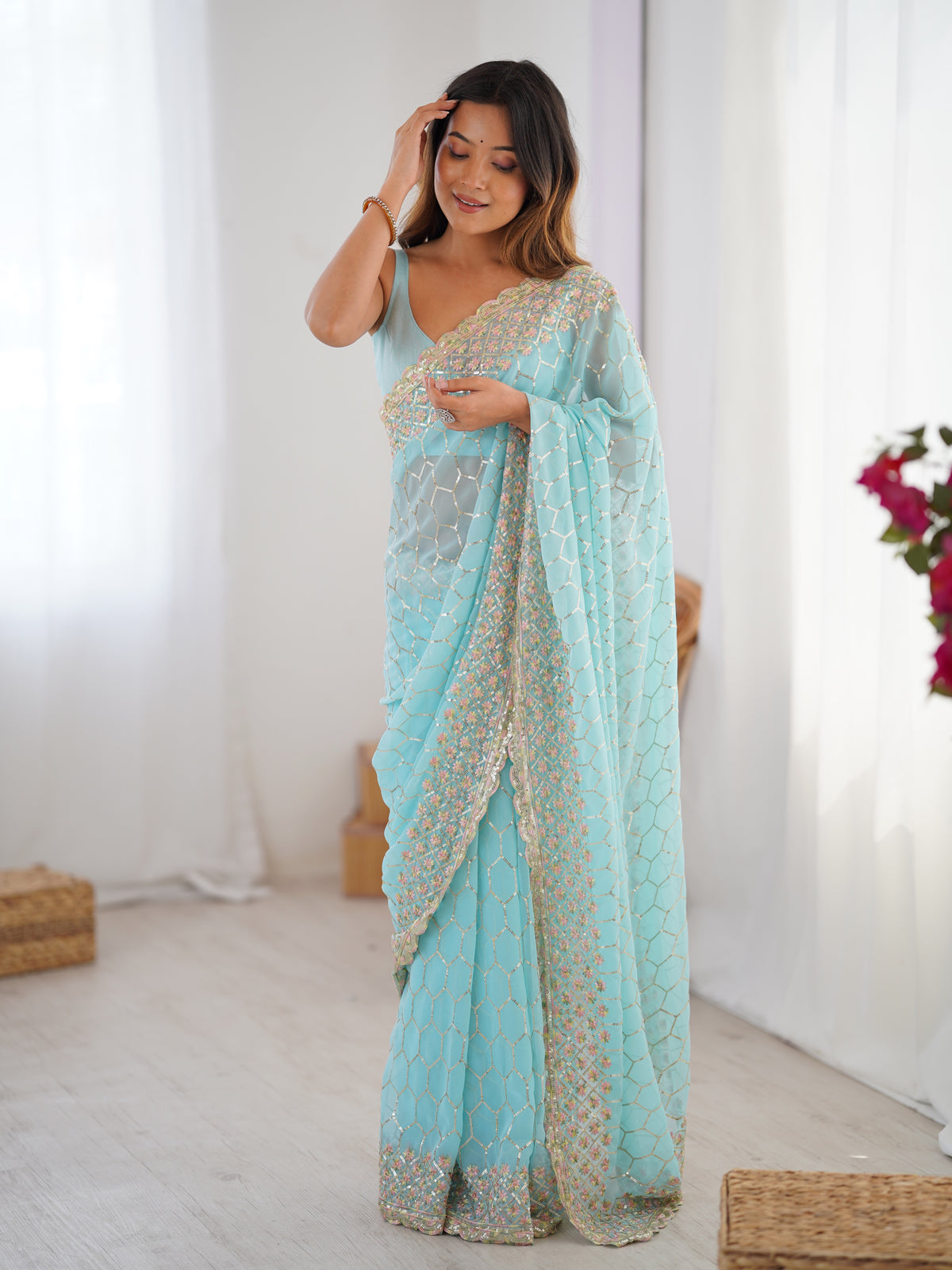 Urban Pallu Embroidered Poly Georgette Festive Saree