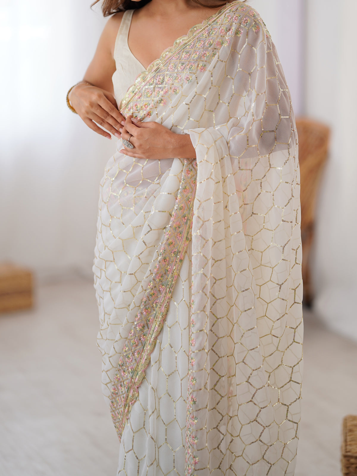 Urban Pallu Embellished Sequinned Poly Georgette Heavy Work Saree