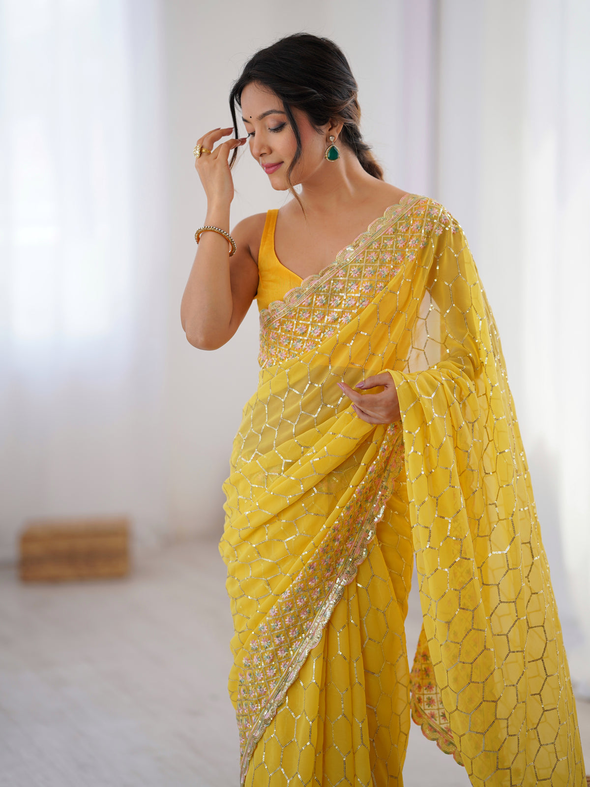 Urban Pallu Embroidered Poly Georgette Festive Saree