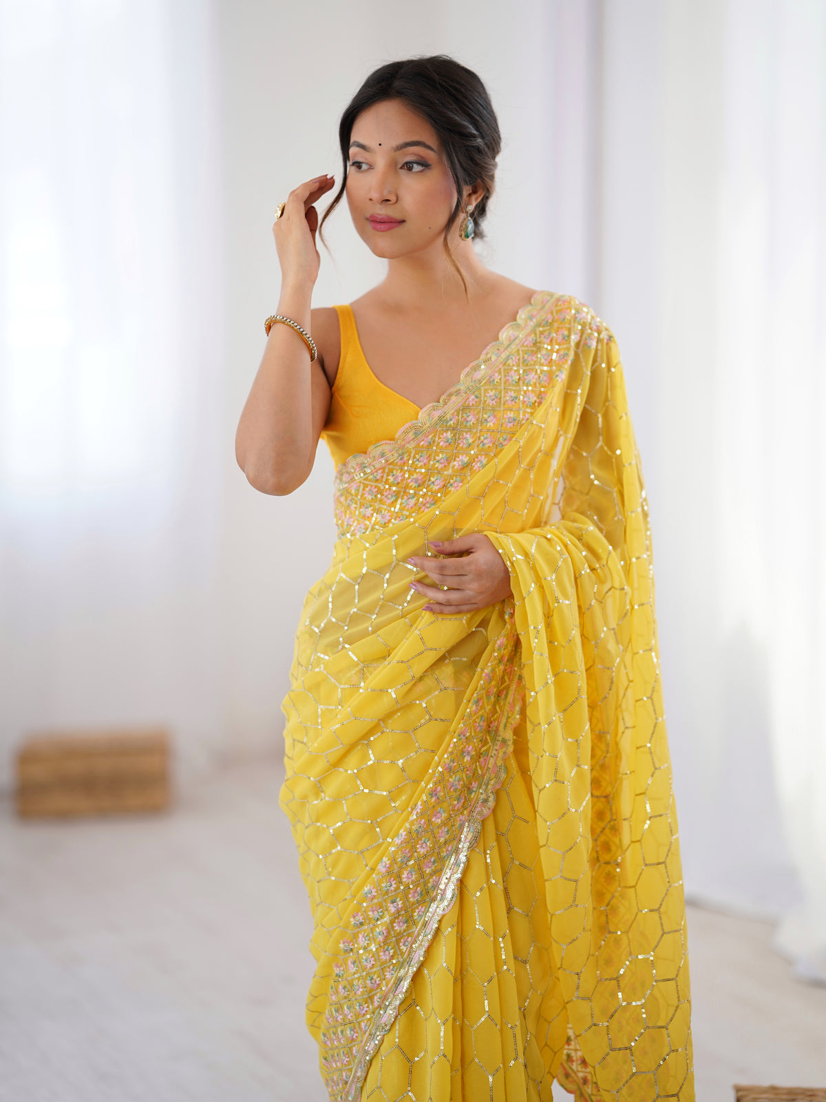 Urban Pallu Embroidered Poly Georgette Festive Saree