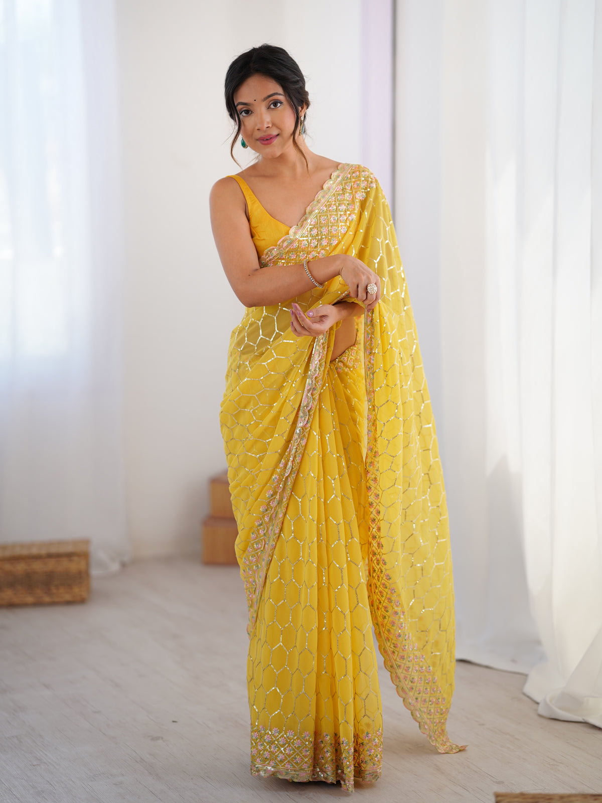 Urban Pallu Embroidered Poly Georgette Festive Saree