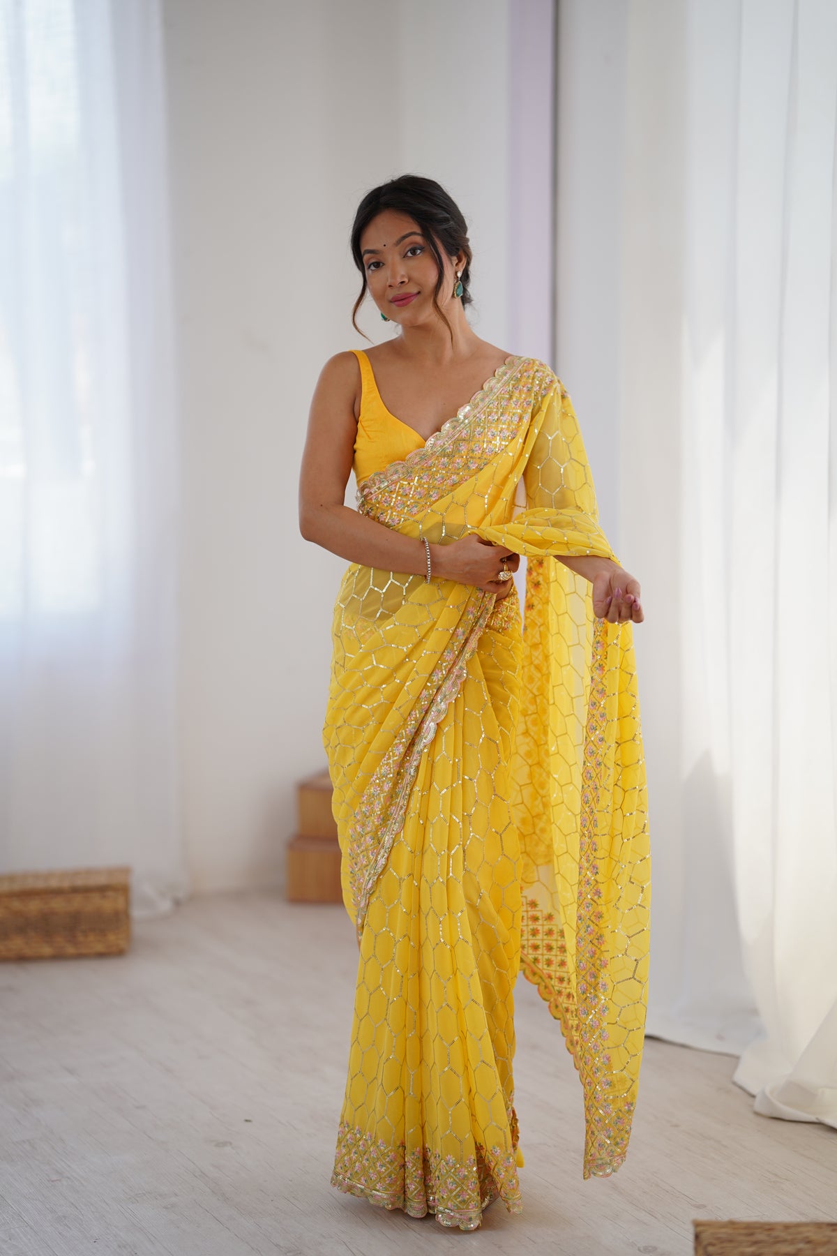 Urban Pallu Embroidered Poly Georgette Festive Saree