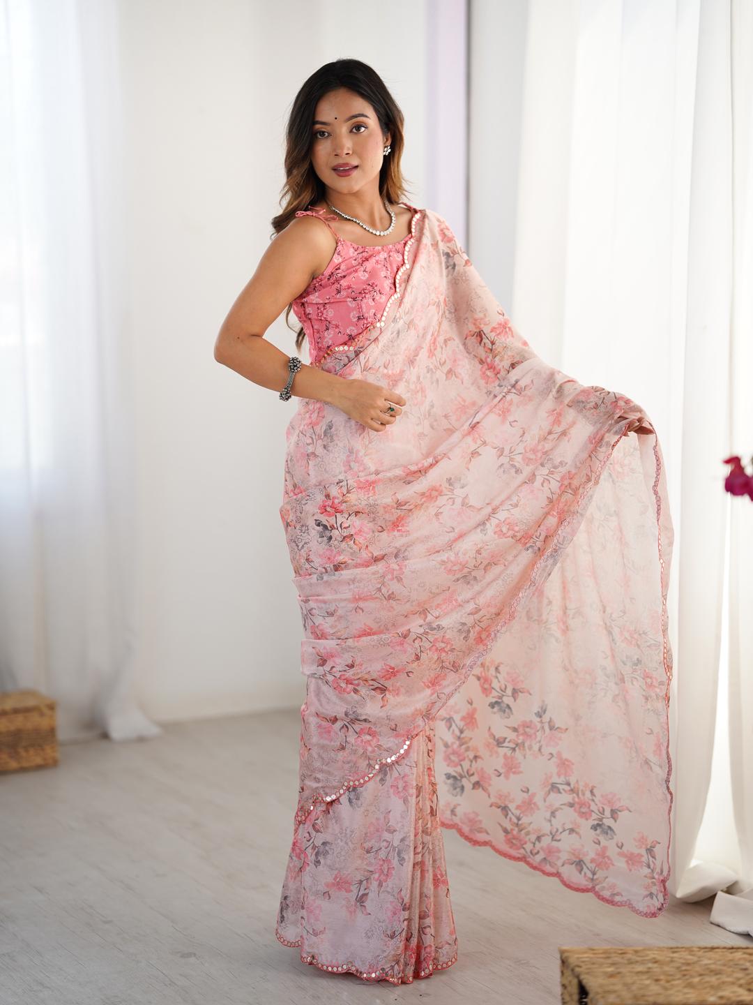 Urban Pallu Floral Sequinned Silk Blend Saree